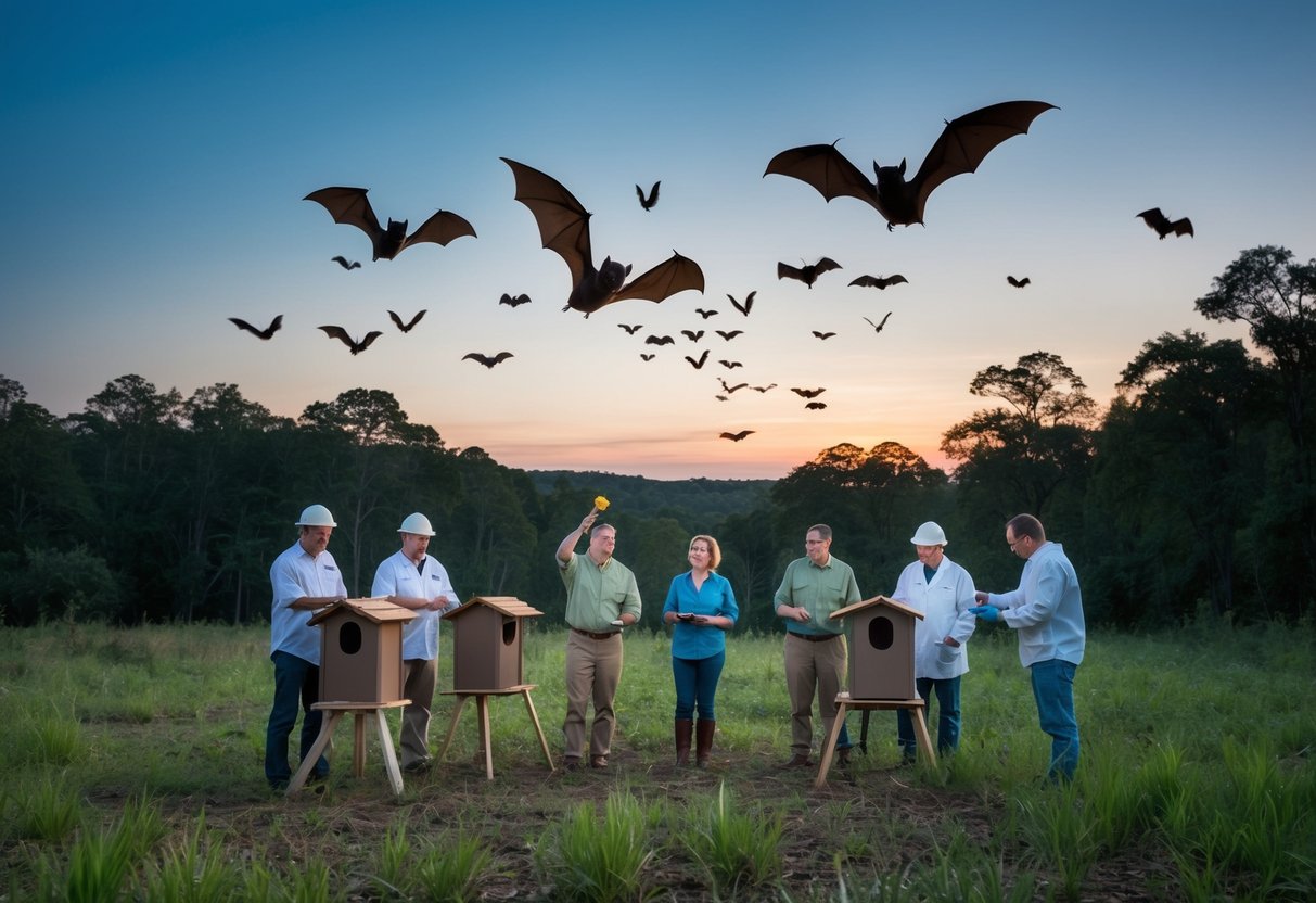 A group of scientists setting up bat houses in a forest clearing at dusk, with bats flying overhead and feeding on insects