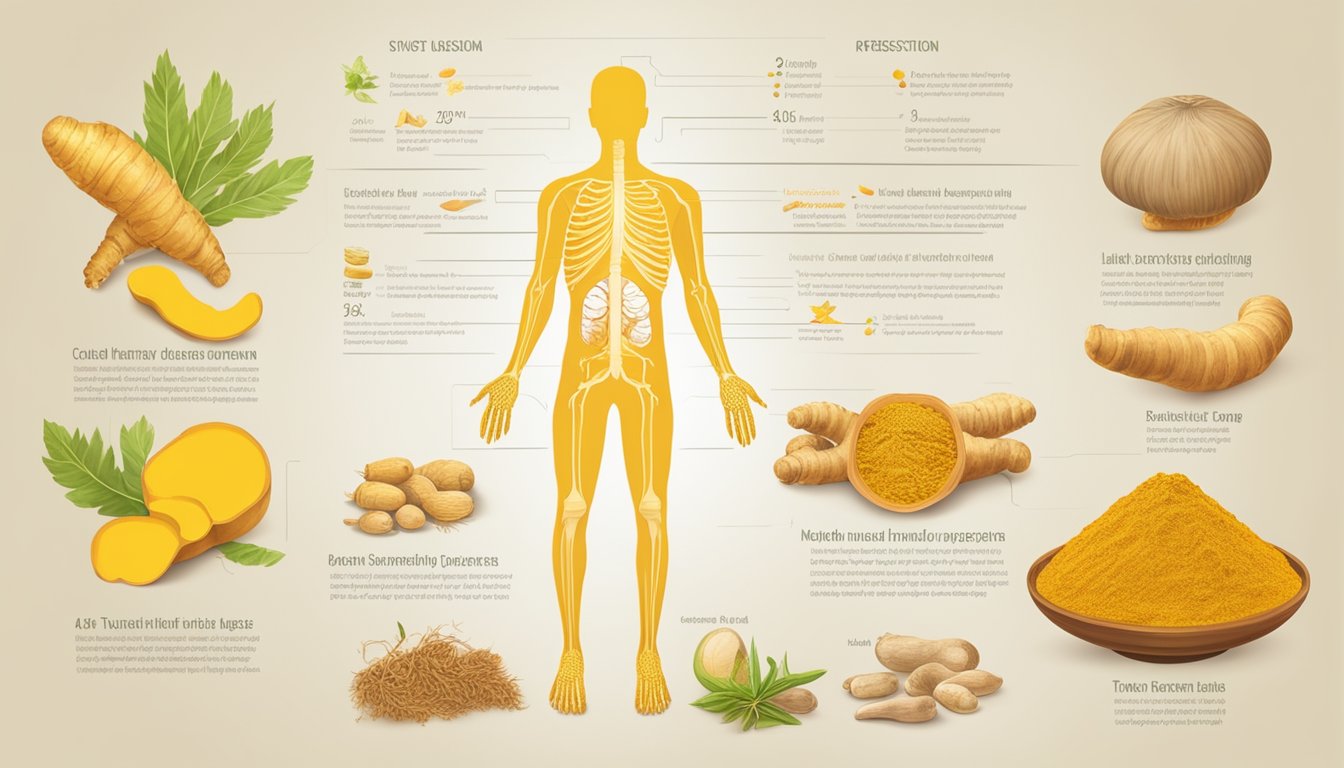 A vibrant yellow turmeric root surrounded by a variety of digestive system organs and a glycemic index chart in the background