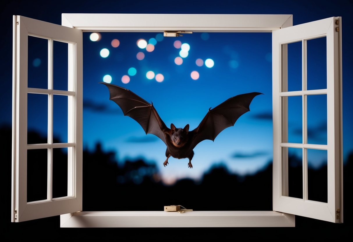 A bat flying out of an open window into the night sky