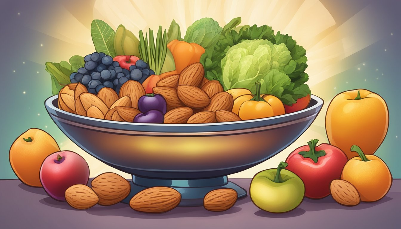 A bowl of almonds surrounded by various fruits and vegetables, with a glowing halo effect around it to symbolize its health benefits