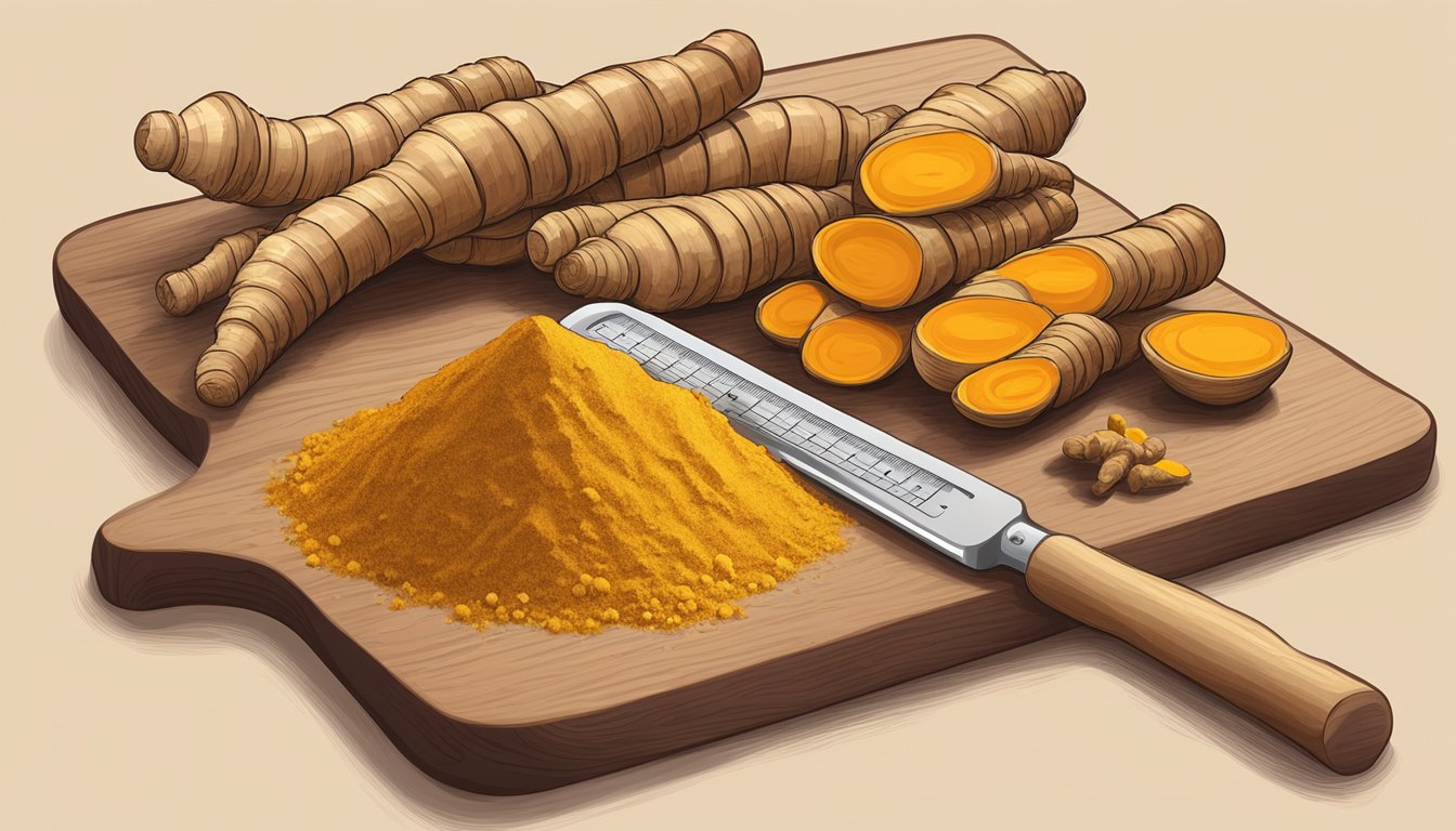 A pile of turmeric root and powder on a wooden cutting board with a measuring device next to it