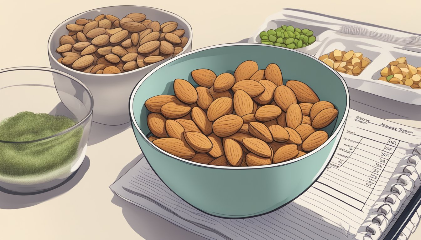 A bowl of almonds next to a plate of common foods, with a graph showing their respective glycemic indices