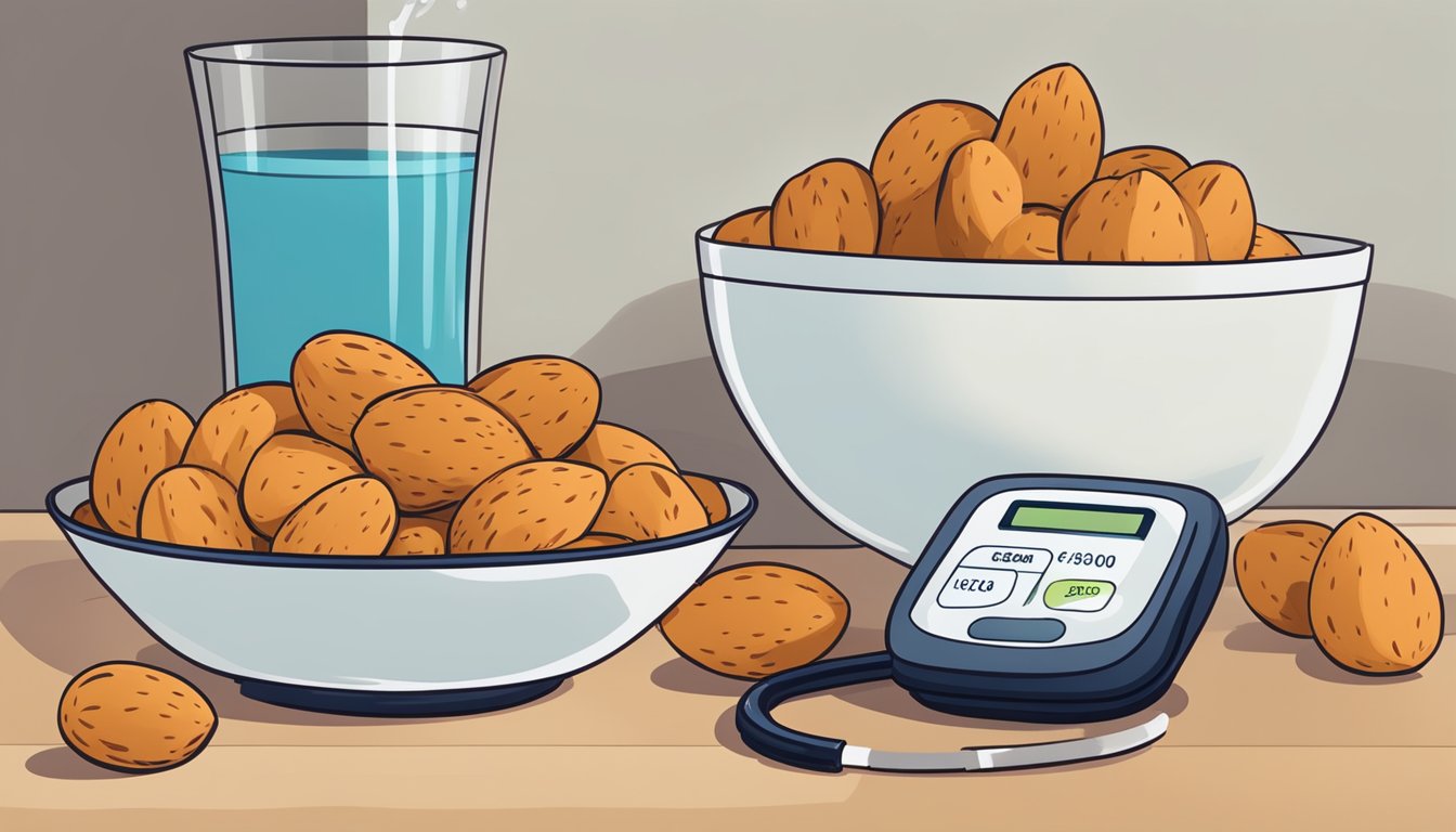 A bowl of almonds sits next to a plate of fresh fruit, a glass of water, and a blood glucose monitor on a kitchen counter