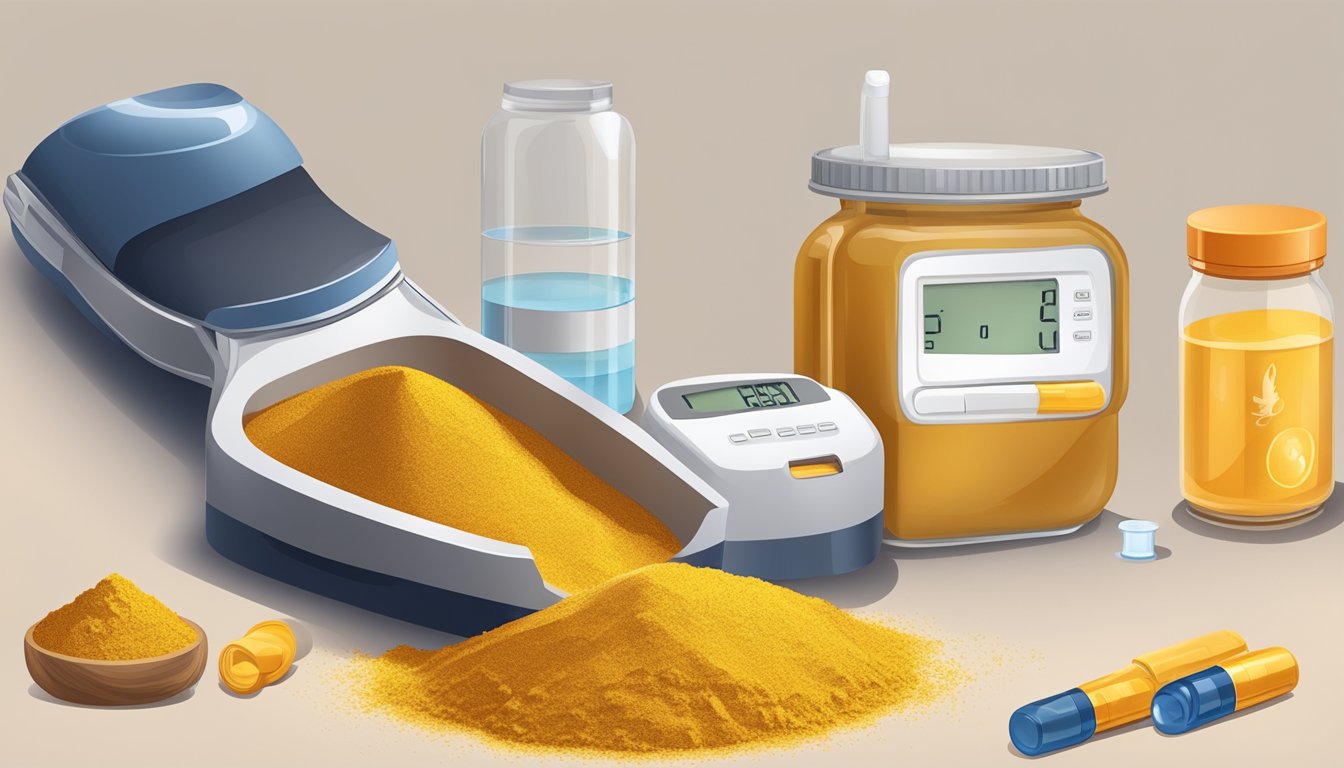 A pile of turmeric powder next to a blood sugar monitor and a bottle of water