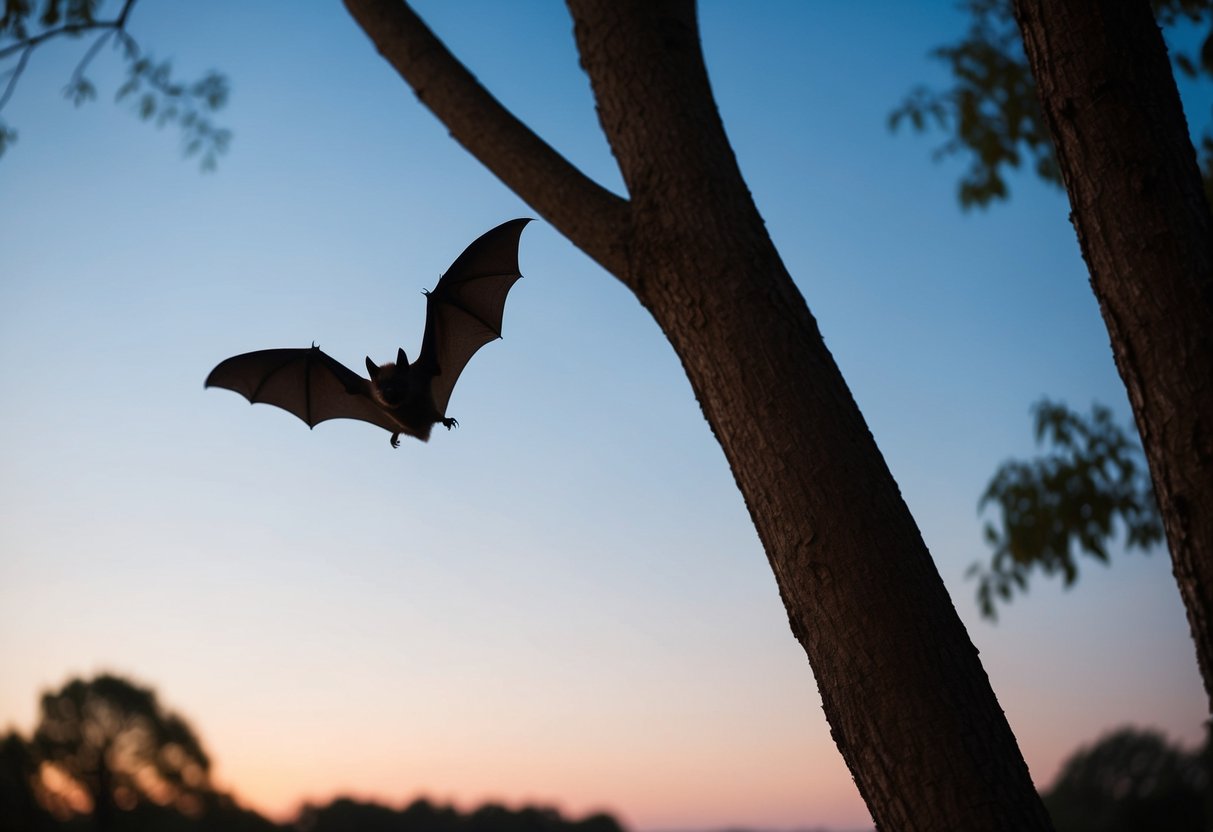 A bat flying near a tree at dusk