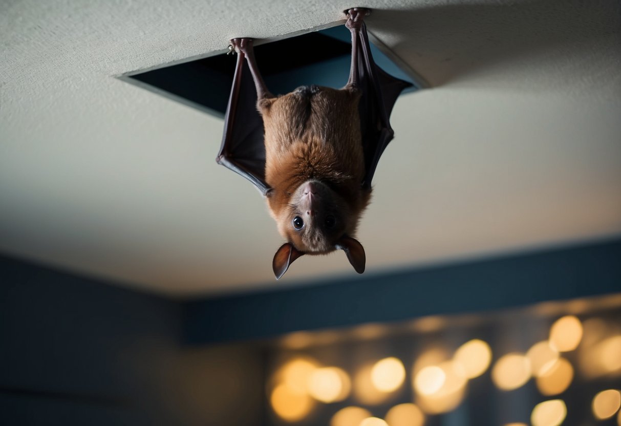 A bat hangs upside down in a dimly lit room, nestled in the corner of the ceiling