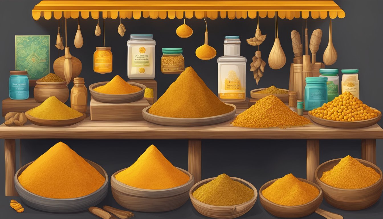 A vibrant market stall displays turmeric roots, powder, and products, surrounded by traditional cultural symbols and tools