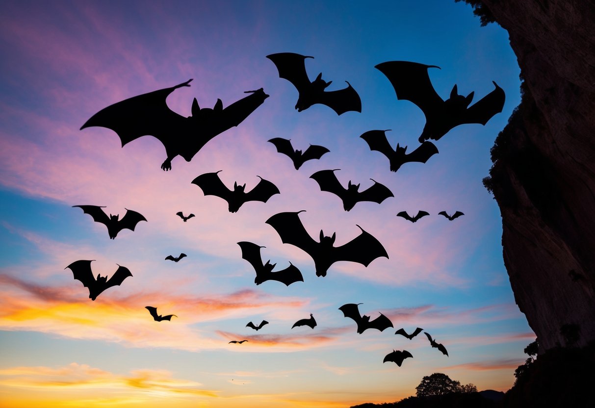 A group of bats flying out of a cave at dusk, silhouetted against the colorful sky