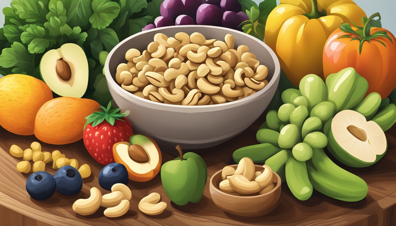 A bowl of cashews sits next to a colorful array of fruits and vegetables on a wooden cutting board