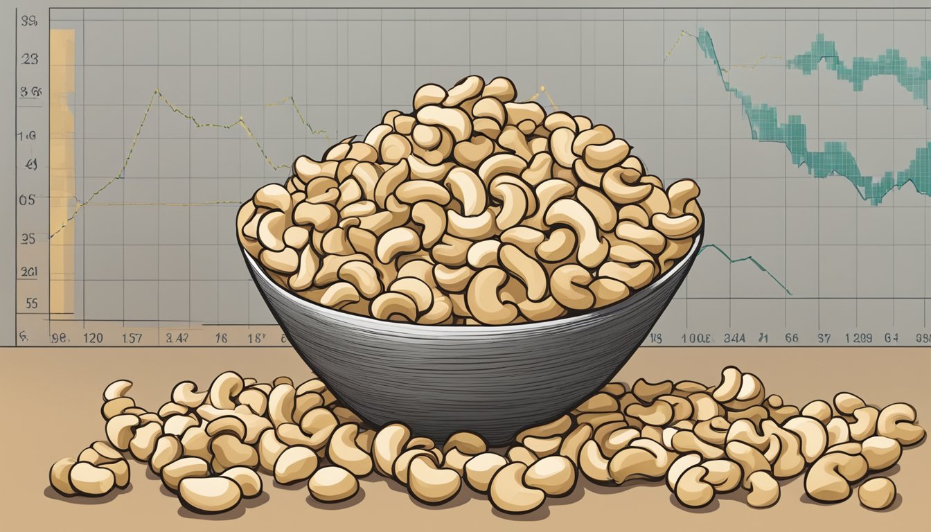 A pile of cashews arranged in front of a glycemic index chart