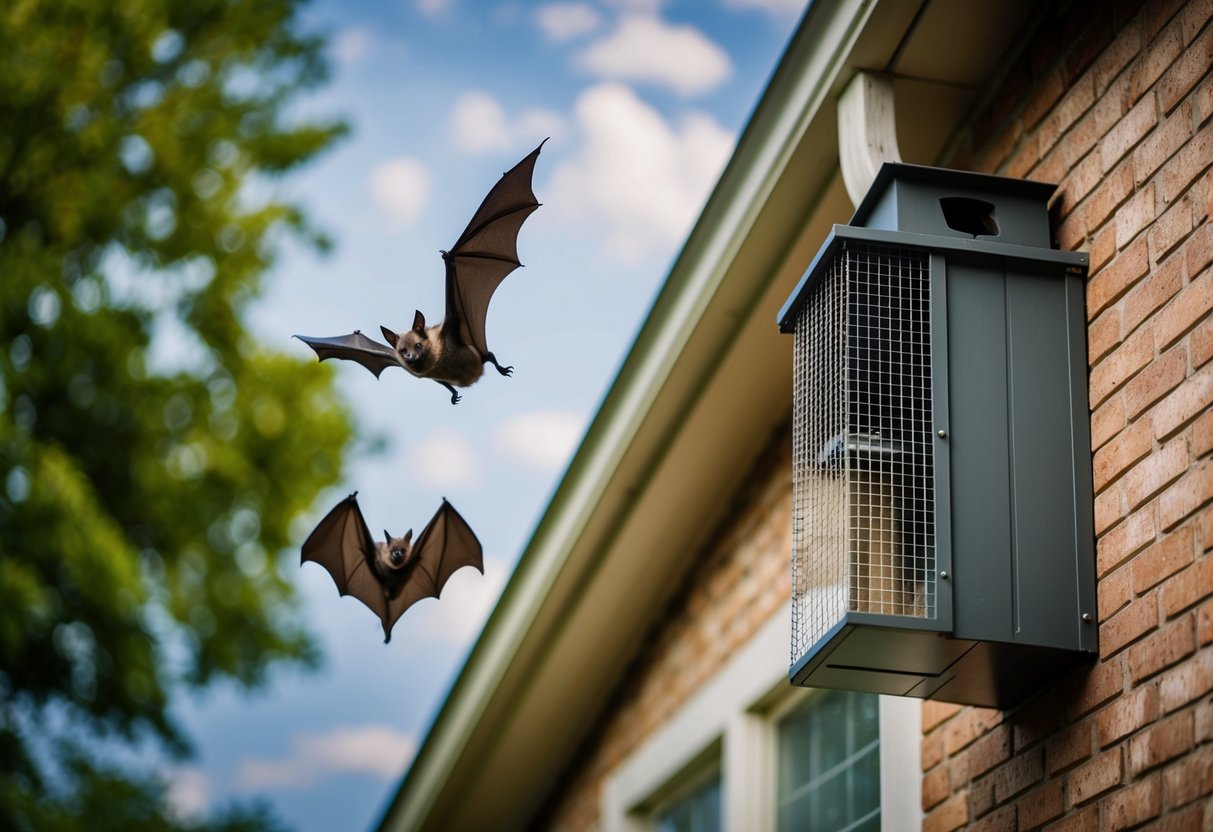 A bat flying near a house with a bat box and mesh covering the chimney