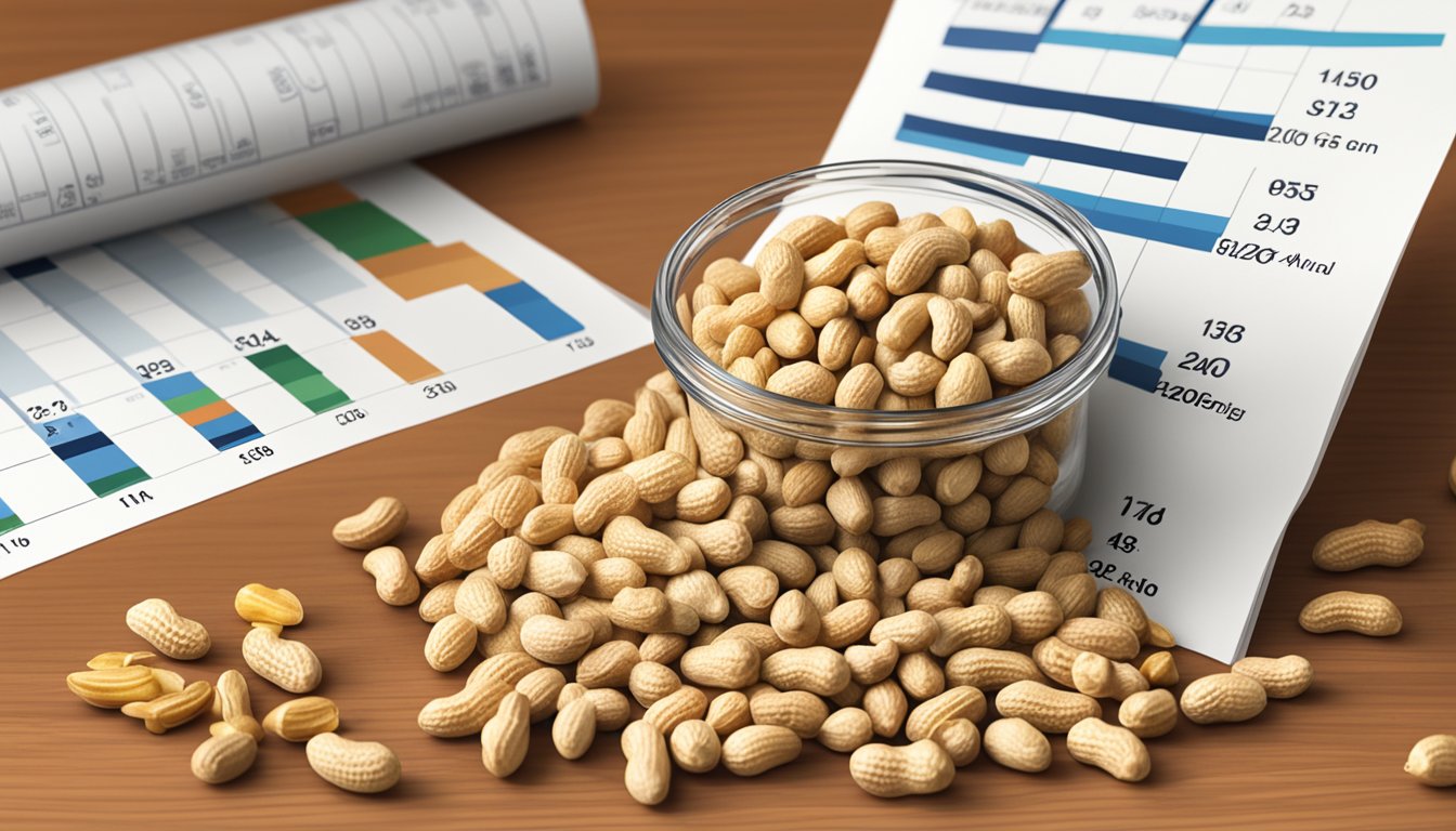 A pile of peanuts with a glycemic index chart in the background