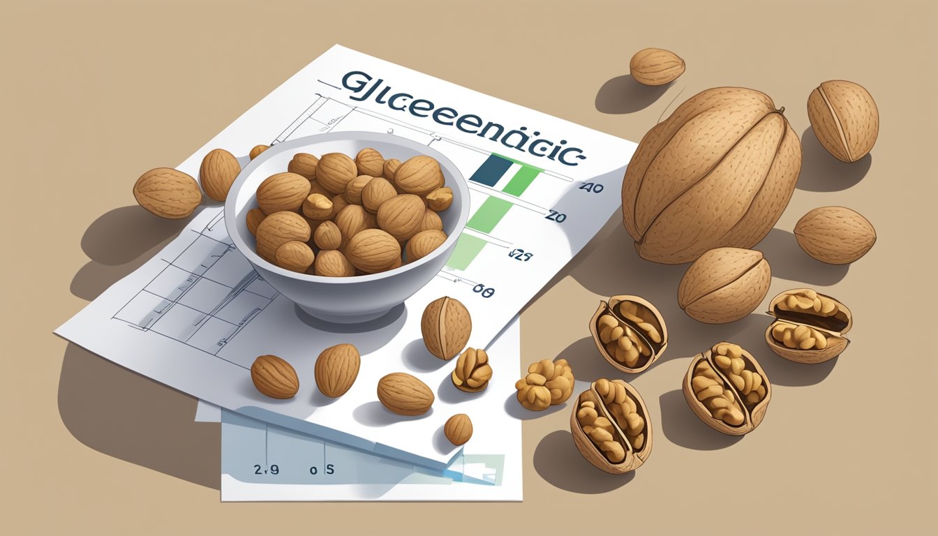 A pile of walnuts arranged next to a glycemic index chart