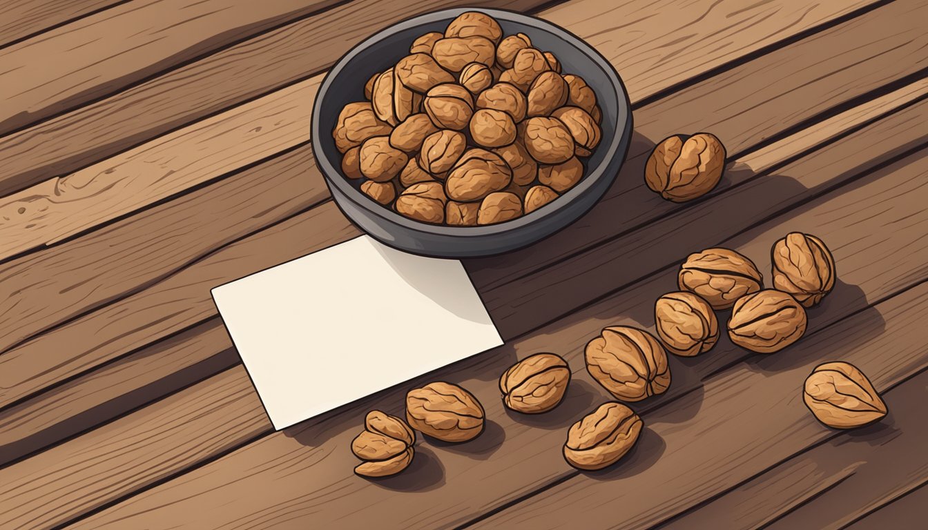 A pile of walnuts arranged on a wooden table, with a small card indicating their glycemic index value