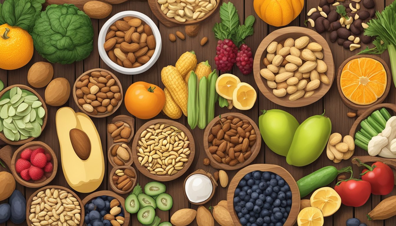 A bowl of peanuts surrounded by various foods with low glycemic index, such as fruits and vegetables, on a wooden table