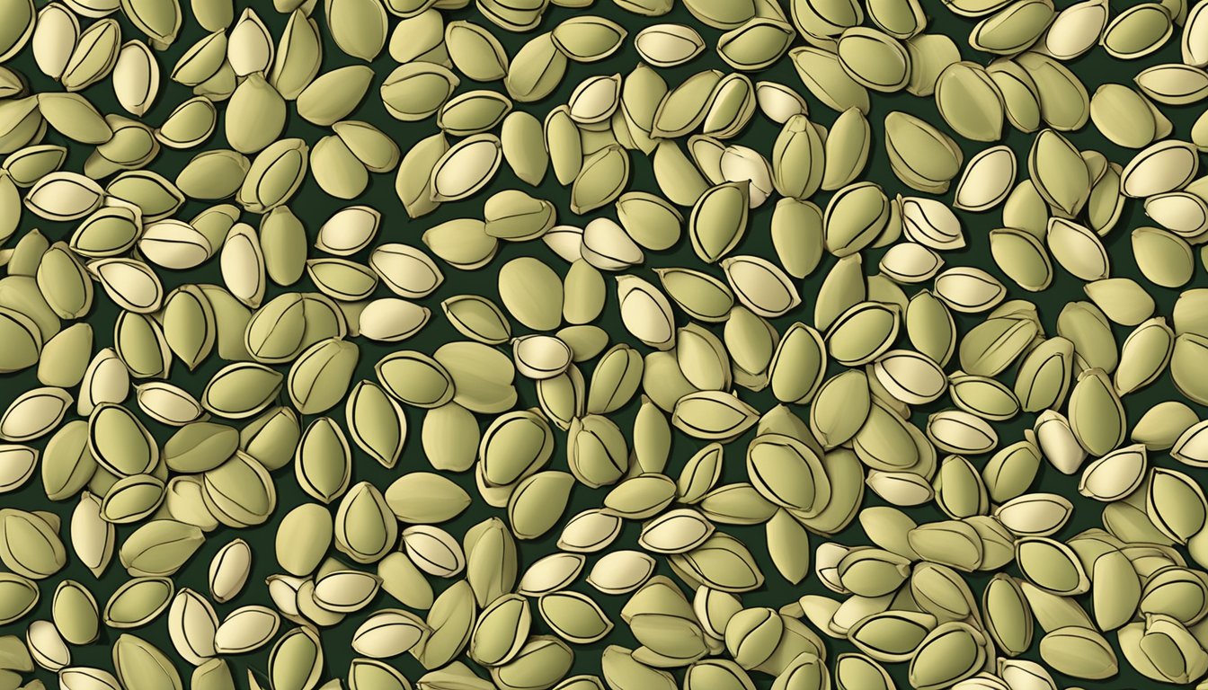 A pile of pumpkin seeds arranged in a circular pattern, with a few seeds scattered around, set against a neutral background