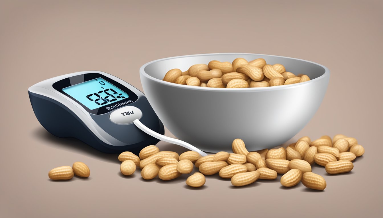 A bowl of peanuts sits next to a blood glucose monitor