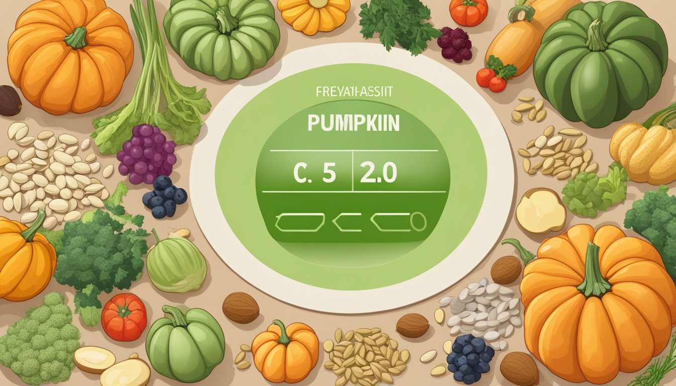 A pile of pumpkin seeds surrounded by various fruits and vegetables, with a glycemic index chart displayed in the background