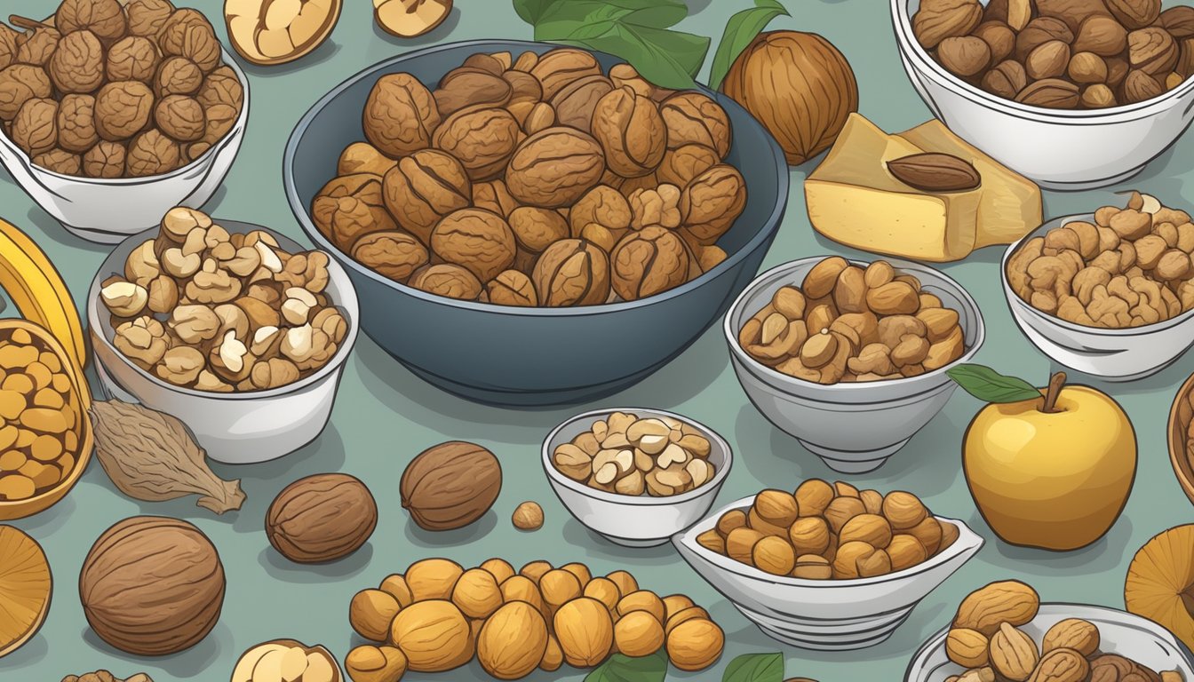 A bowl of walnuts surrounded by various foods with different glycemic indexes