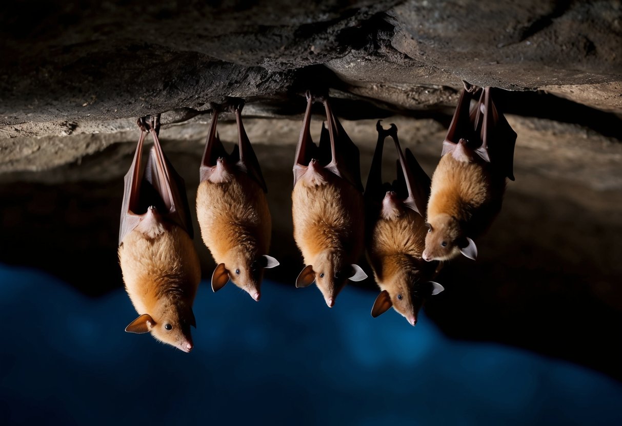 A group of UK bat species roosting in a dark, secluded cave during the day