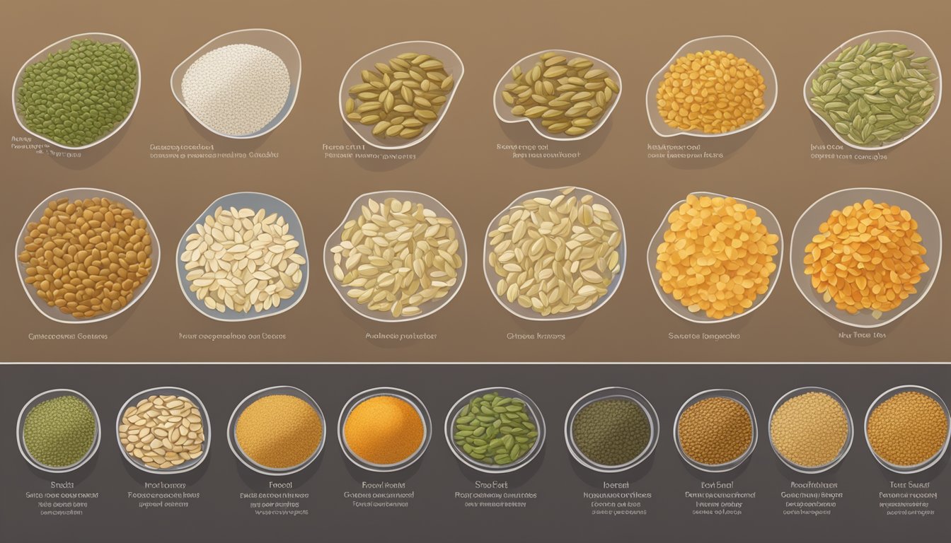 A variety of seeds arranged in a row, with a focus on pumpkin seeds, surrounded by a chart comparing their glycemic indexes