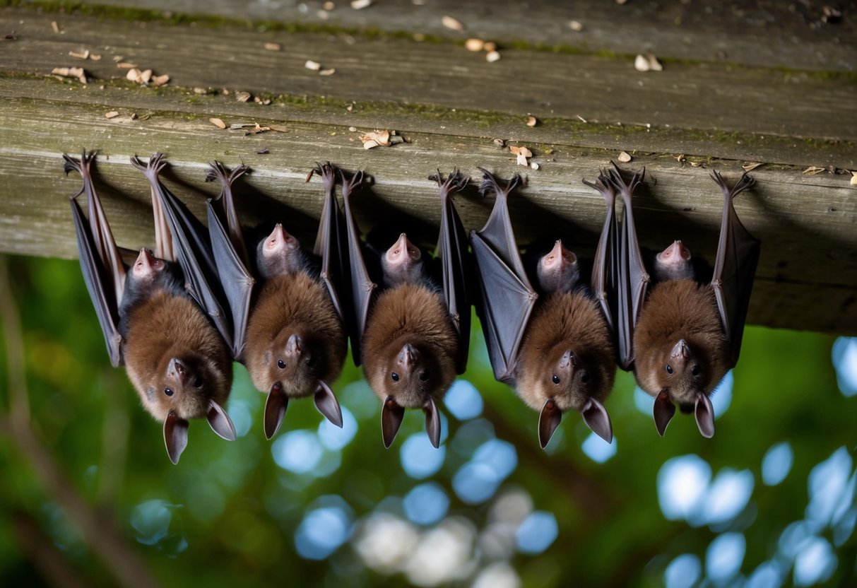 A group of common UK bat species roosting in a dark, secluded area during the day