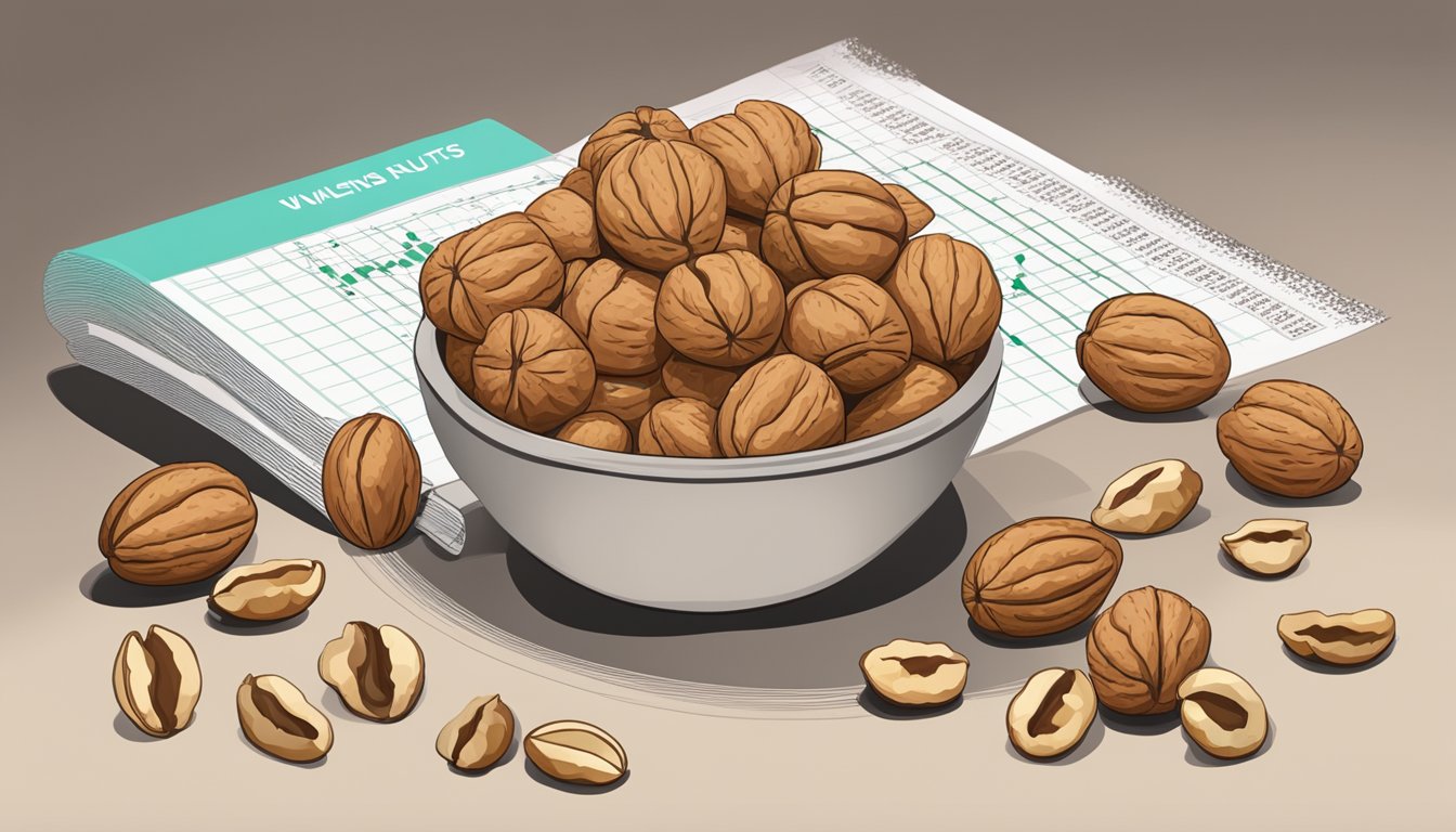 A pile of walnuts sits next to various other nuts, with a glycemic index chart in the background