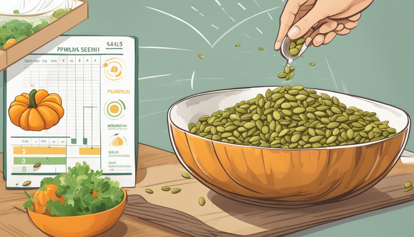 Pumpkin seeds being sprinkled onto a salad, with a measuring spoon and a glycemic index chart in the background