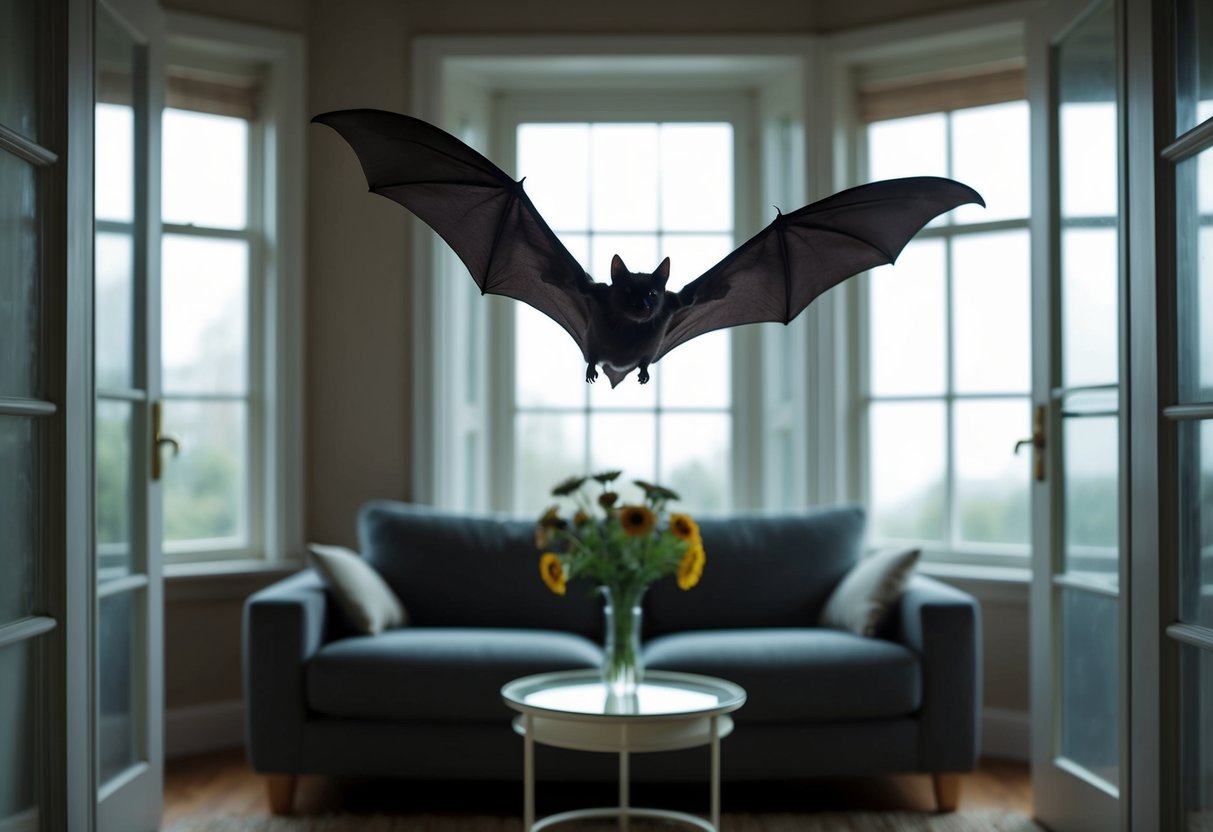 A bat flies inside a dimly lit living room, with open windows and a small table with a vase of flowers