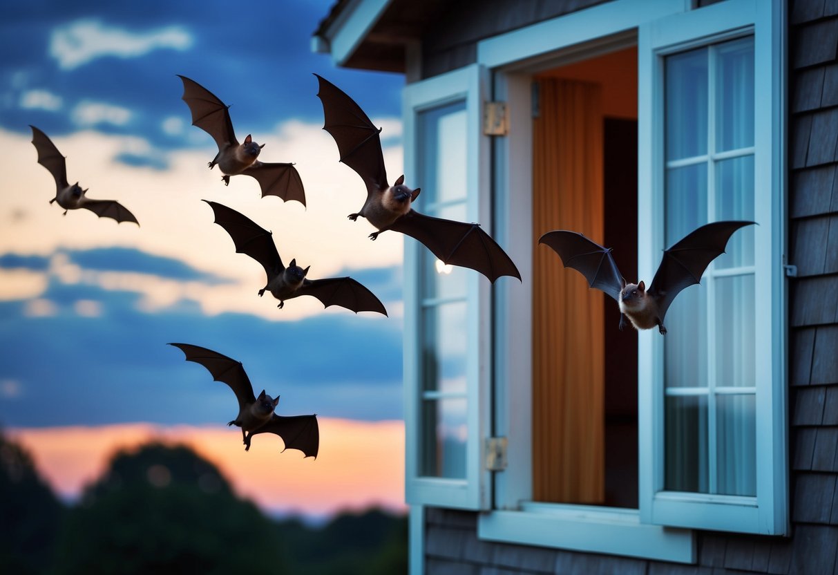 A group of bats flying out of an open attic window at dusk