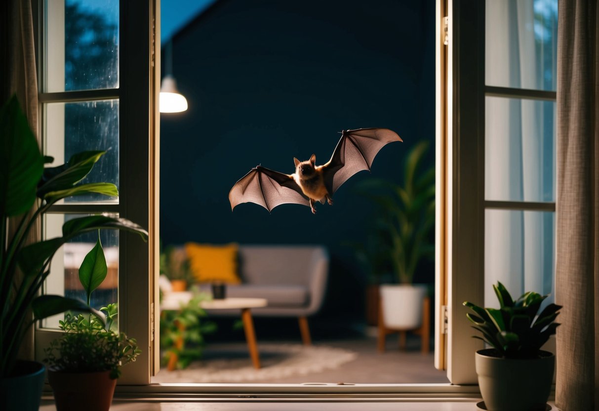 A bat flies through an open window, circling a dimly lit room with furniture and houseplants