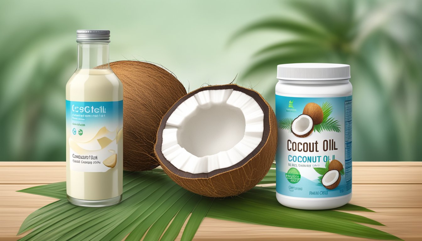 A coconut, coconut milk, and coconut oil arranged with a glycemic index chart in the background