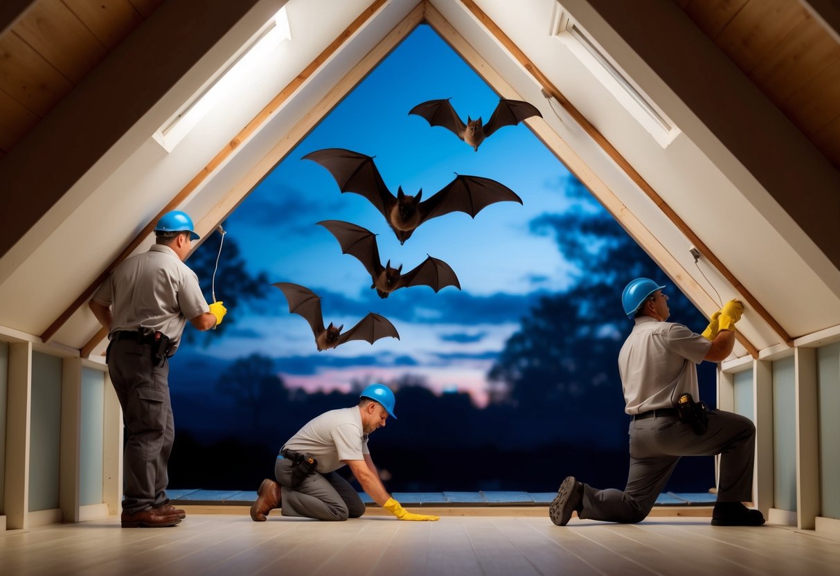 Bats flying out of attic at dusk, while professionals seal entry points
