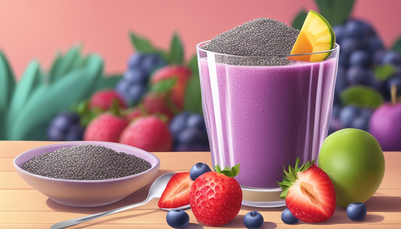 A bowl of chia seeds sprinkled on top of a colorful fruit smoothie, with a spoon placed next to it