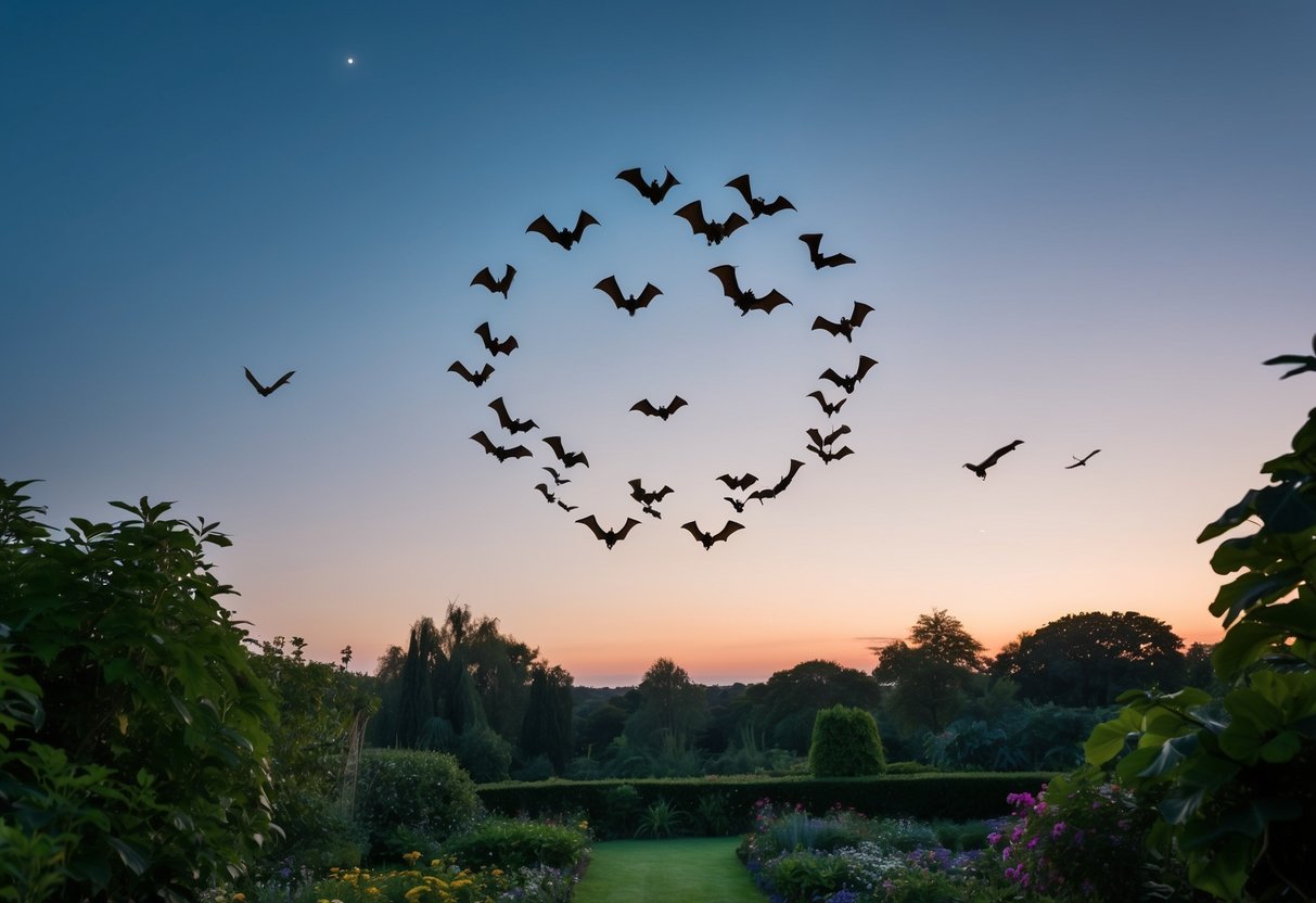 Bats circle above a lush garden at dusk, drawn to the abundance of insects and flowers
