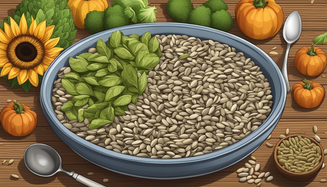 A bowl of sunflower seeds surrounded by fresh vegetables and a variety of serving utensils on a wooden table