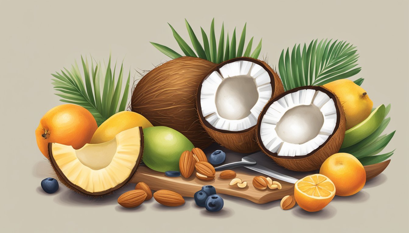 A coconut being sliced and added to a bowl of mixed fruits and nuts