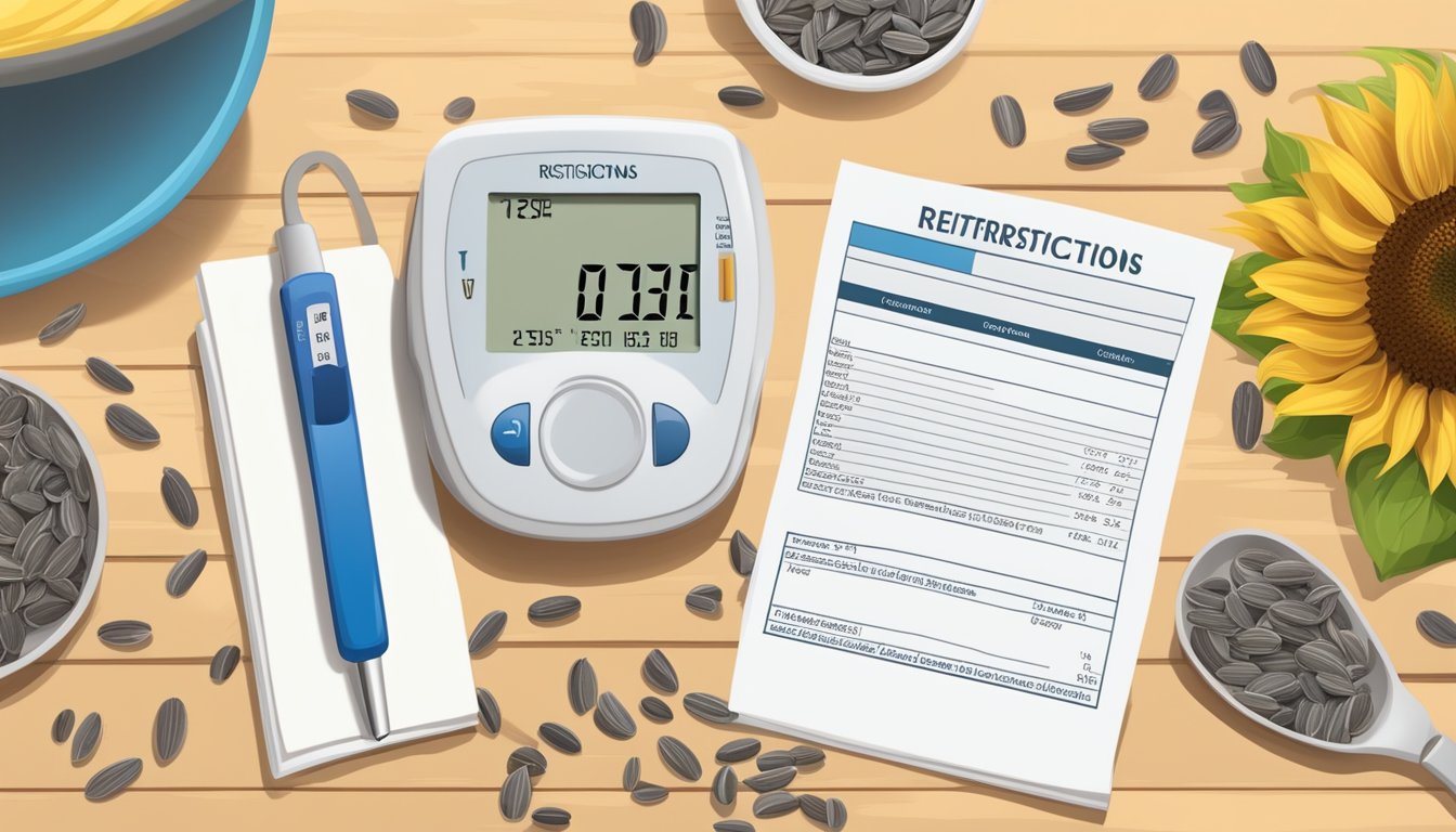 A bowl of sunflower seeds next to a blood glucose monitor and a list of dietary restrictions