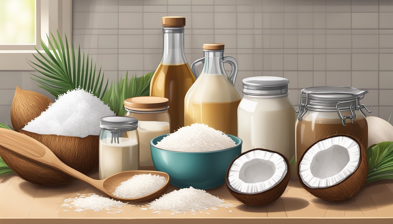 A kitchen counter with a variety of coconut products such as shredded coconut, coconut oil, and coconut milk, surrounded by baking and cooking utensils