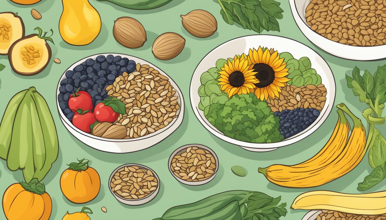 A bowl of sunflower seeds surrounded by fruits, vegetables, and grains, representing various diets