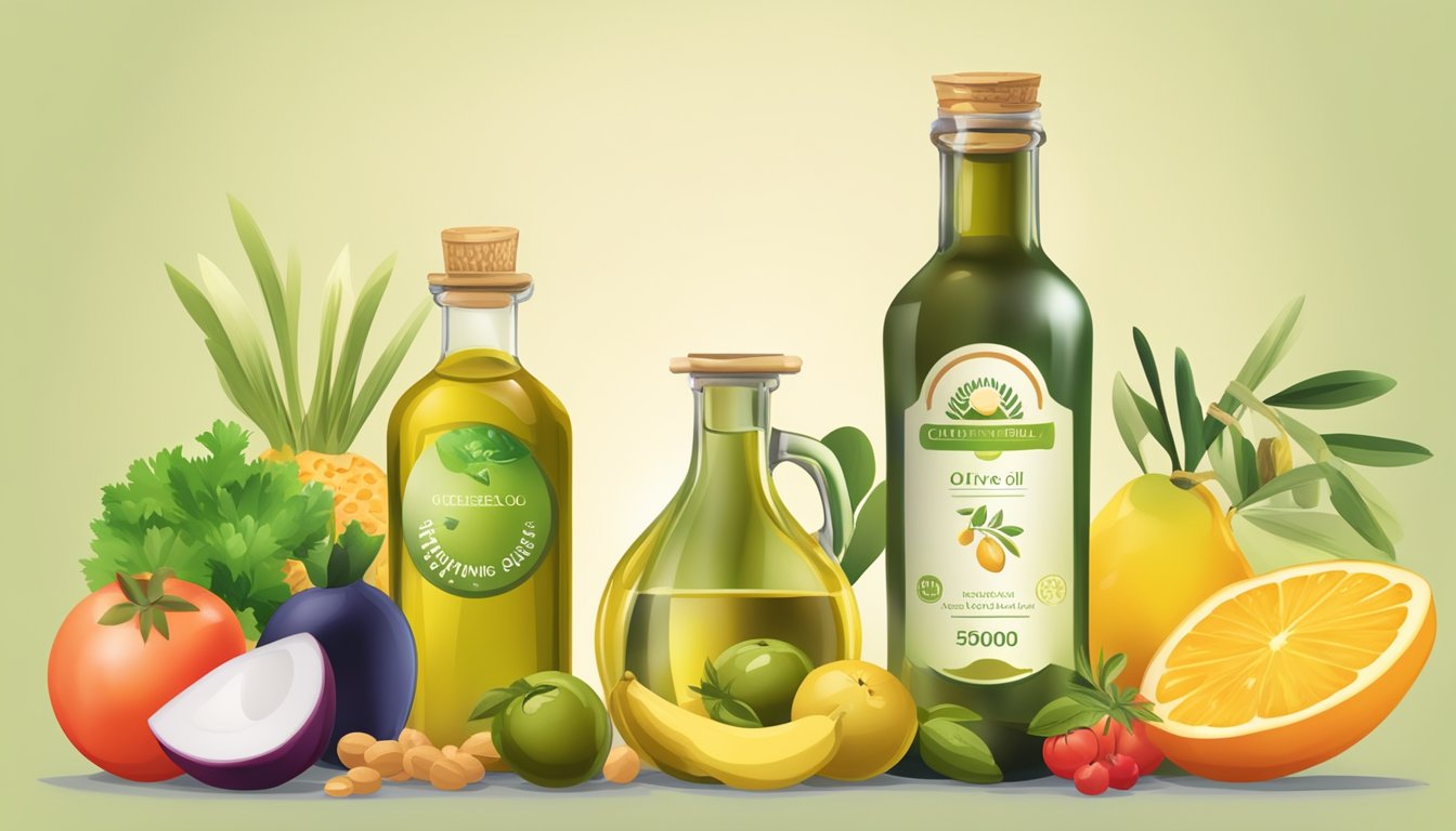 A bottle of olive oil surrounded by a variety of foods with different glycemic index values, such as fruits, vegetables, and grains