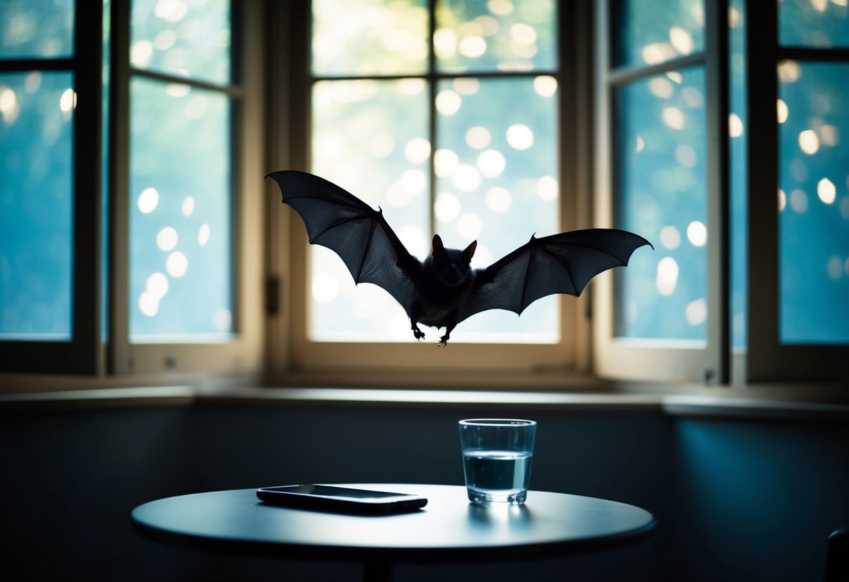 A bat flies around a dimly lit room, with open windows and a small table with a phone and a glass of water