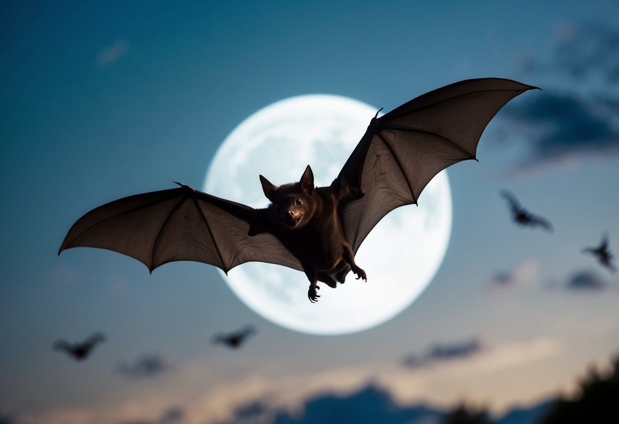 A bat flies through a moonlit sky, its wings outstretched as it hunts for insects