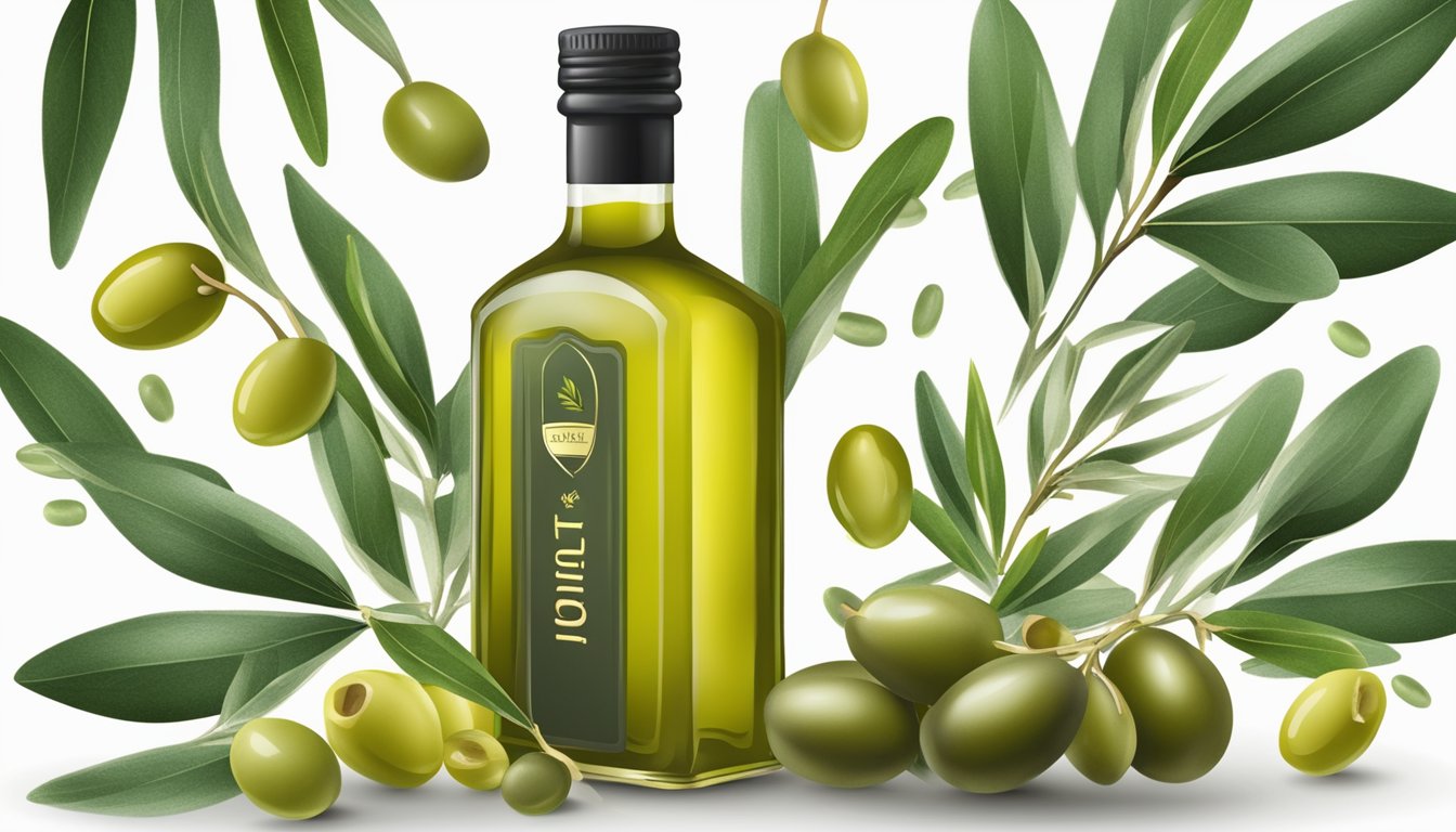 A clear glass bottle of olive oil surrounded by olives and green leaves