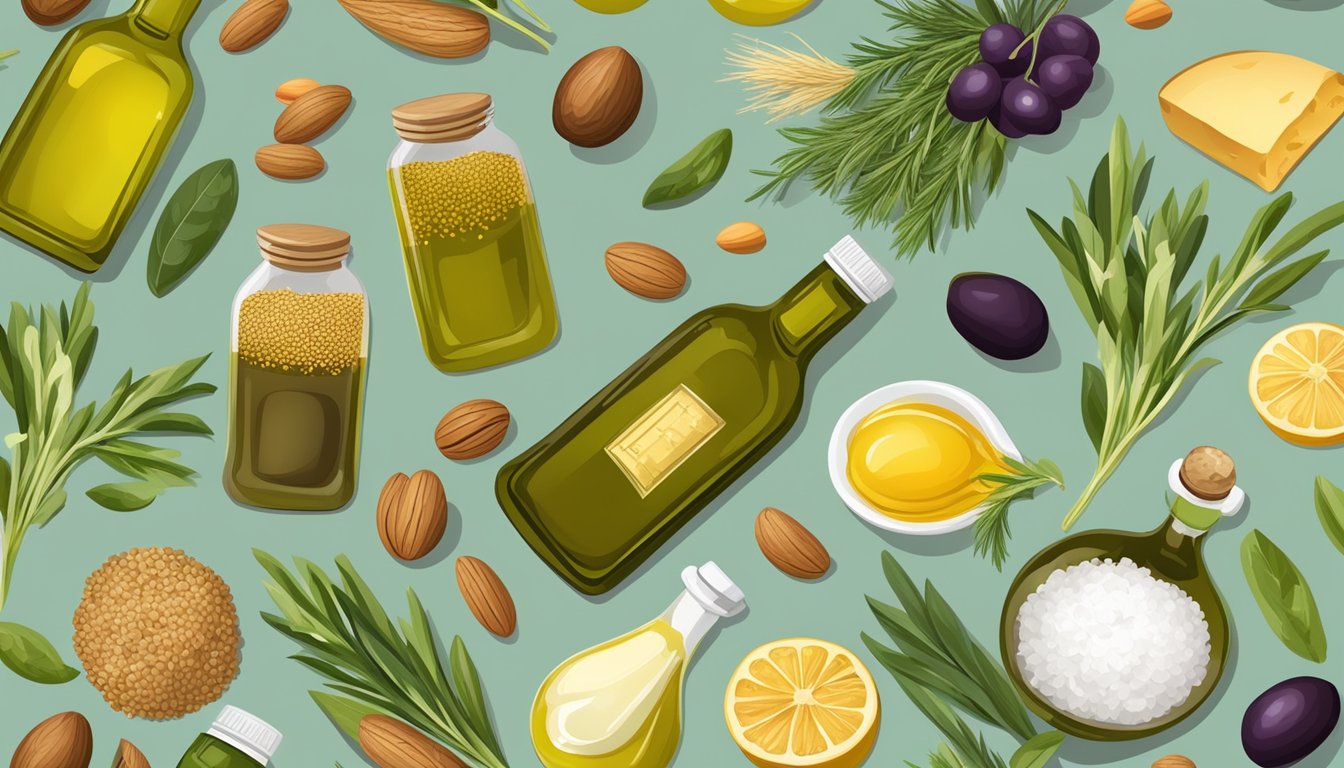 A bottle of olive oil surrounded by various foods with low glycemic impact, such as vegetables, nuts, and whole grains