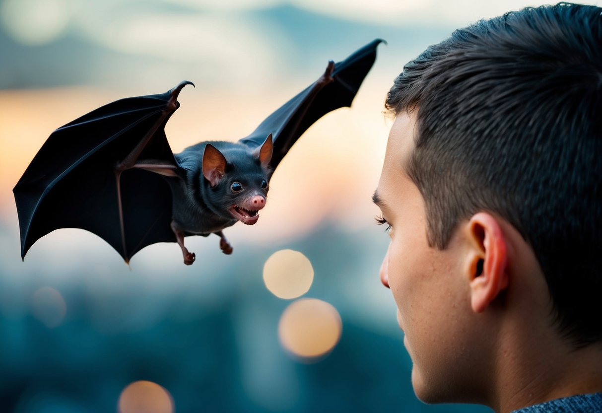 A bat flying near a person's head, causing fear and uncertainty