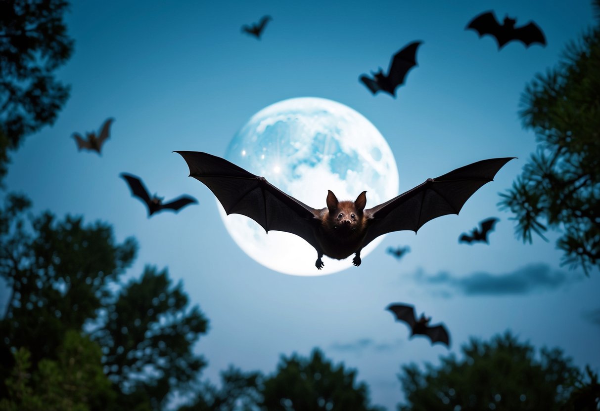 A bat flying through a moonlit sky, surrounded by trees and other nocturnal creatures