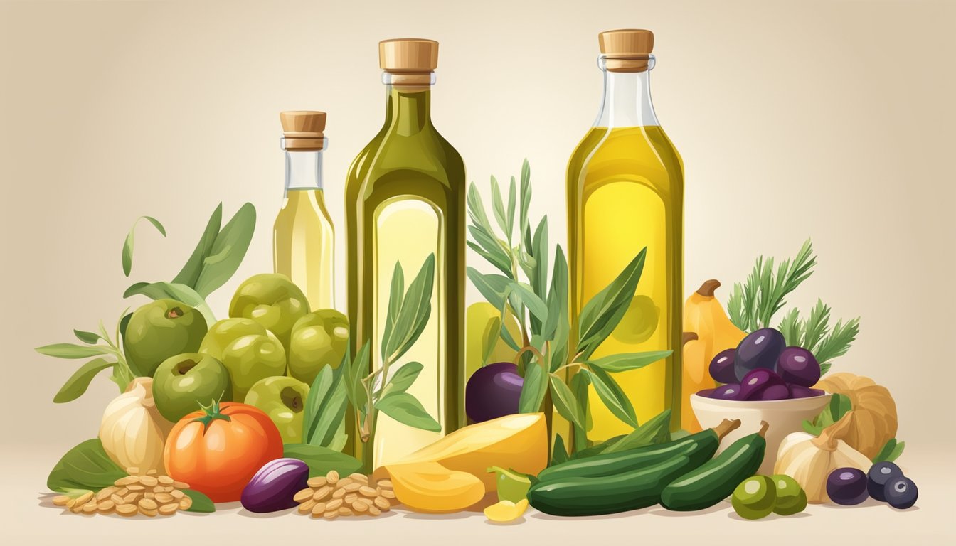 A bottle of olive oil surrounded by various healthy food items, such as vegetables, fruits, and whole grains, on a kitchen counter