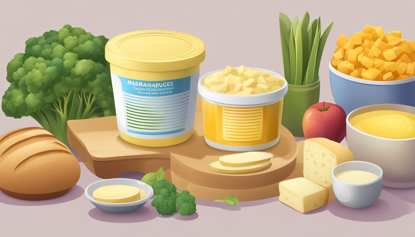 A tub of margarine surrounded by a variety of foods with different glycemic index values, such as bread, fruits, and vegetables, arranged on a table