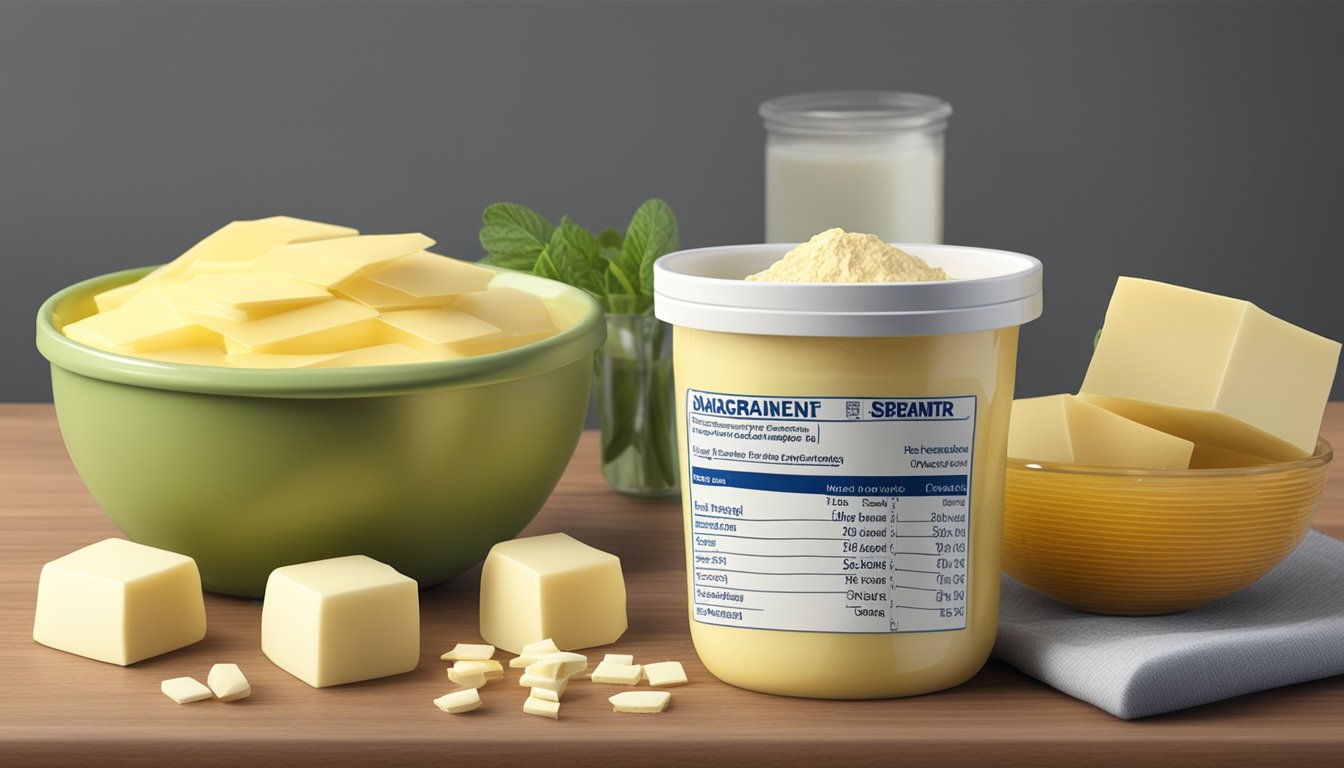 A tub of margarine surrounded by various ingredients, with a glycemic index chart in the background